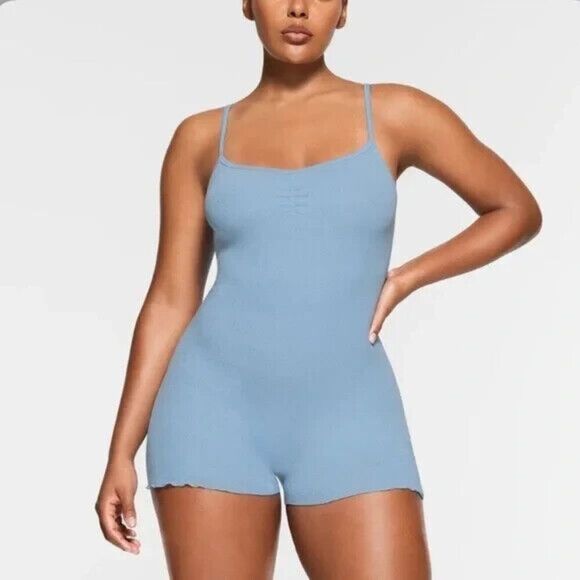Skims Pointelle Logo  One Piece Romper Shorts Bodysuit Iris Blue SIZE 3X NWT - Picture 1 of 15